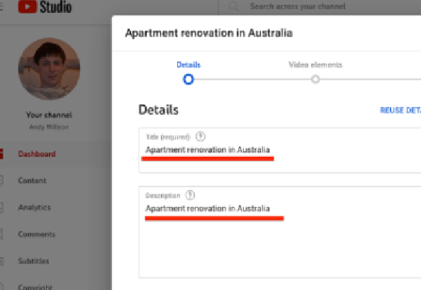 У заголовок та опис вставляю текст із відео + гео акаунта.