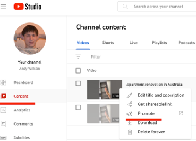 Після цього в лівому меню вибираю Content, далі options (3 точки праворуч від відео) та Promote.options (3 точки праворуч від відео) та Promote.