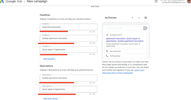 Далі знову 2 рази next, і на екрані створення оголошення заповнюємо заголовки та описи, потім тиснемо next.