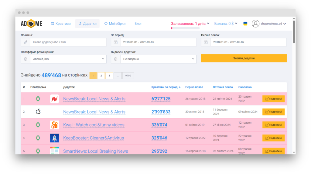 Інтерфейс розділу Adheart з рекламою мобільних застосунків 