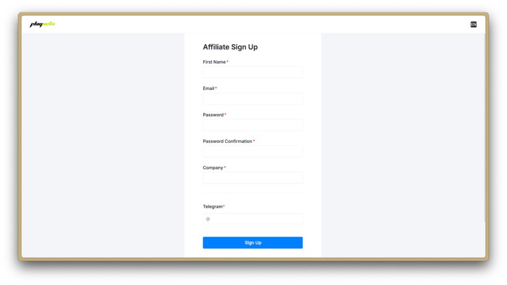 Форма реєстрації Playnetix
