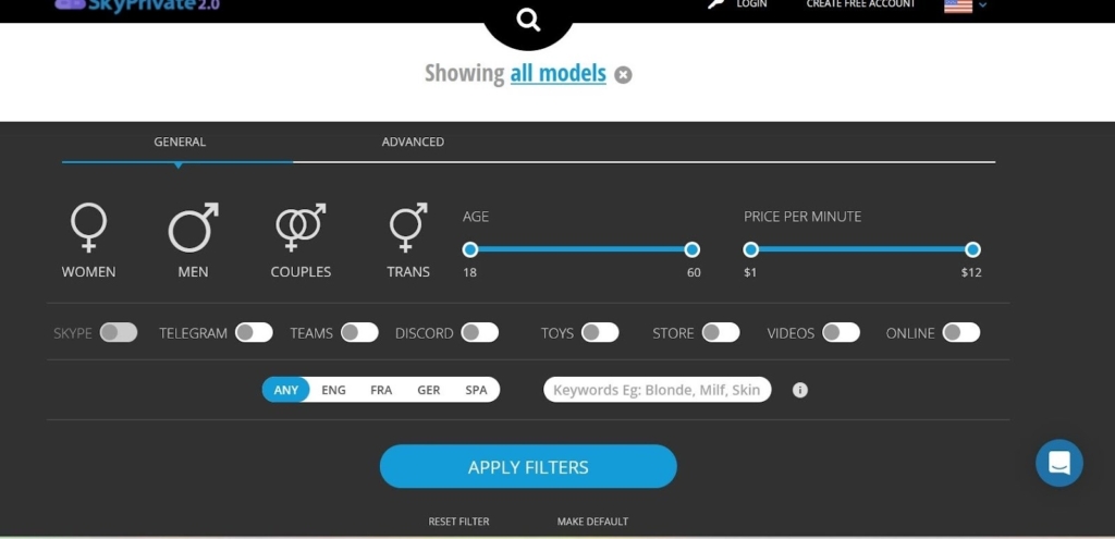 Фільтри пошуку моделей SkyPrivate