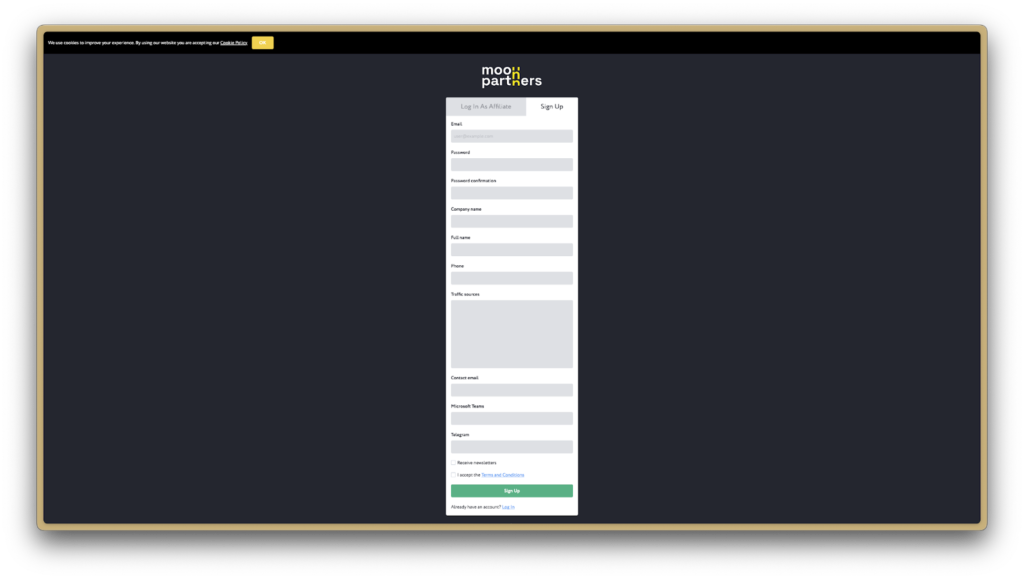 Форма реєстрації Moon Partners
