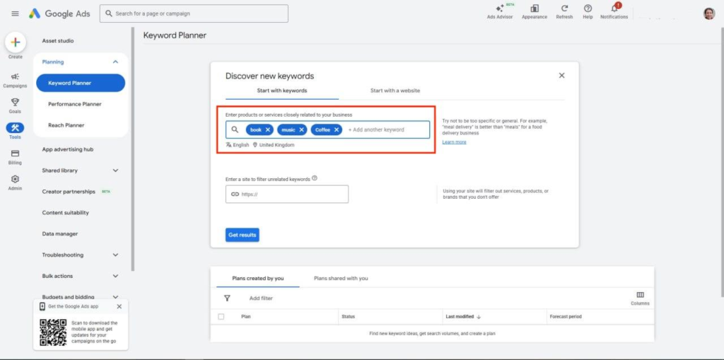 Планувальник ключових слів Google Ads