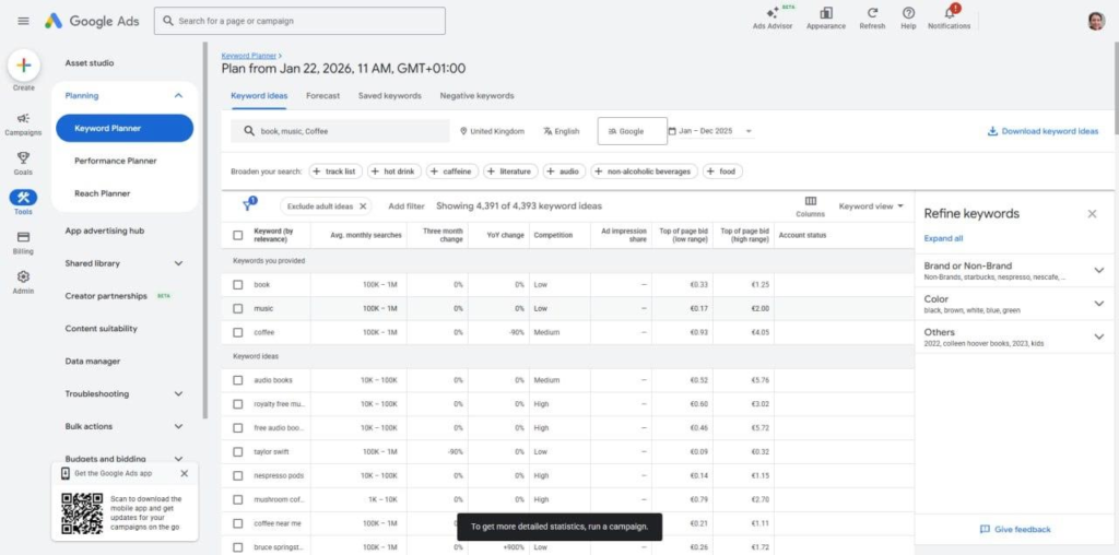 Планувальник ключових слів Google Ads