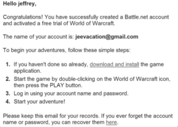 Електронний лист World of Warcraft