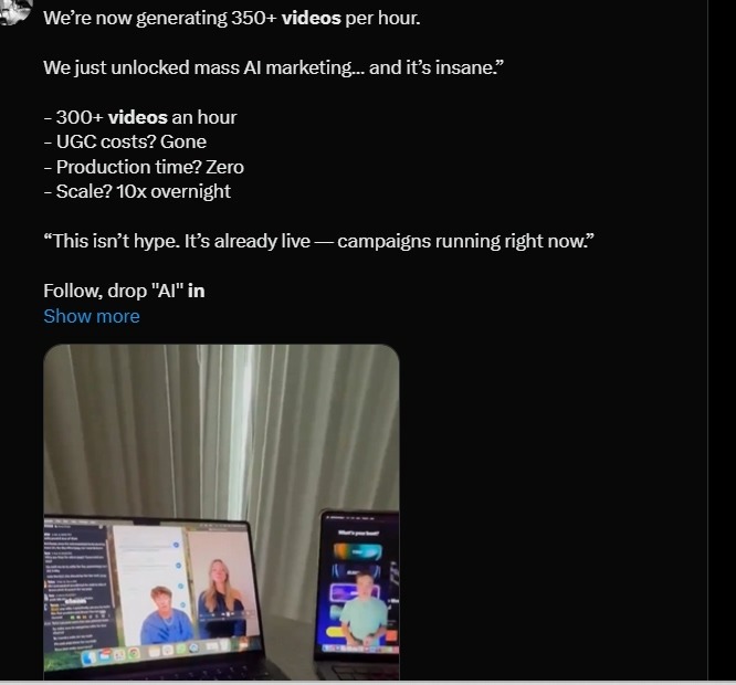 У Threads та X активно ширяться десятки «кейсів», де веби генерують до 500 роликів на день під TikTok, Reels і YouTube Shorts.