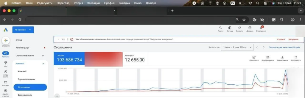 Скрін з рекламного кабінету Google Ads (ідентифікатори акаунта заблюрено)